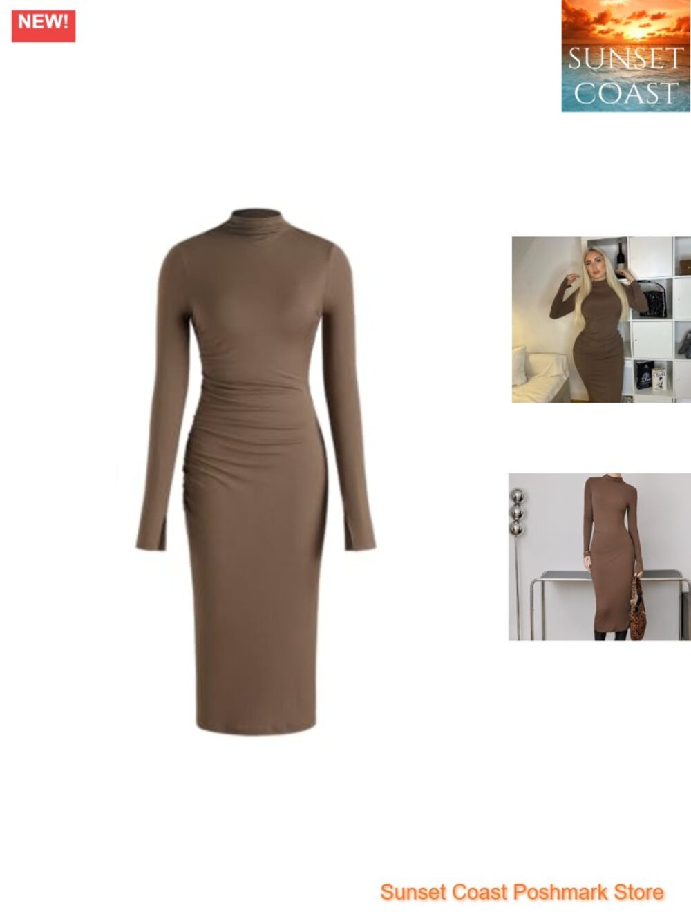 Women's Long Sleeve High Neck Ribbed Knit Bodycon Ruched Midi Dress